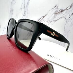 New GUCCI Sunglasses Black 54mm Square Gold Interlocking GG Red Green Web